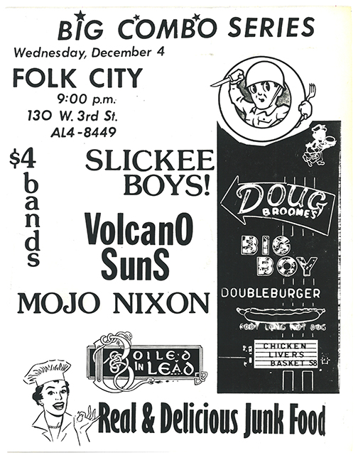 Slickee Boys, Volcano Suns flyer with various typfaces and cartoon images advertising junk food.