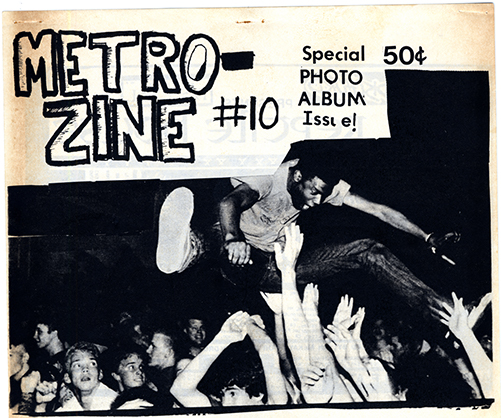 Metrozine, Issue 10 with a handwritten title and a photo of a man jumping over a crowd.