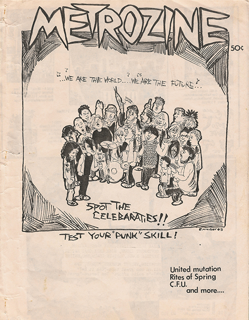 Metrozine, Issue 7 cover with a hand-drawn title and a drawing of group of celebrities singing 'We are the world'.