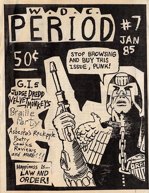 WDC Period, Issue 7 hand-drawn cover with a cartoon character wearing a head gear and holding a weapon.