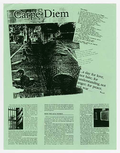 Carpe Diem flyer on green paper with clippings from an article and other quotes, on top of a photo of children in the streets.