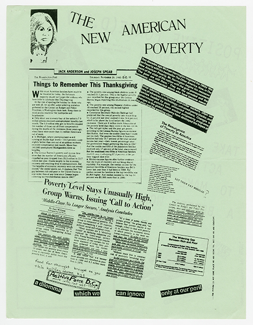 Positive Force flyer on green paper with multiple newspaper article and quote clippings.