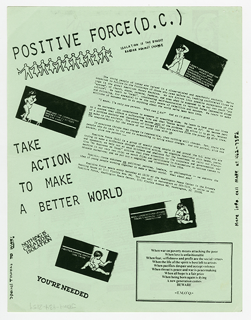 Positive Force flyer on green paper with an excerpt from an article, clippings of illustration of a child, and the title, 'Take action to make a better world.'