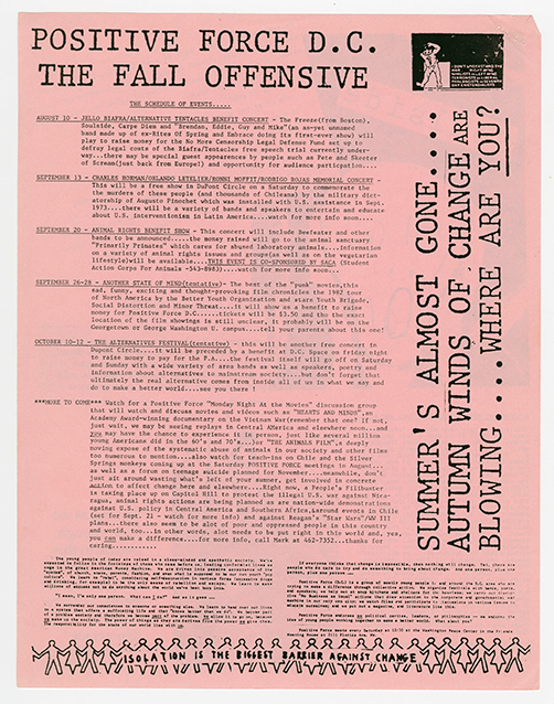 Soulside flyer on pink paper with the schedule of events and the title, 'Positive Force D.C. The Fall Offensive'