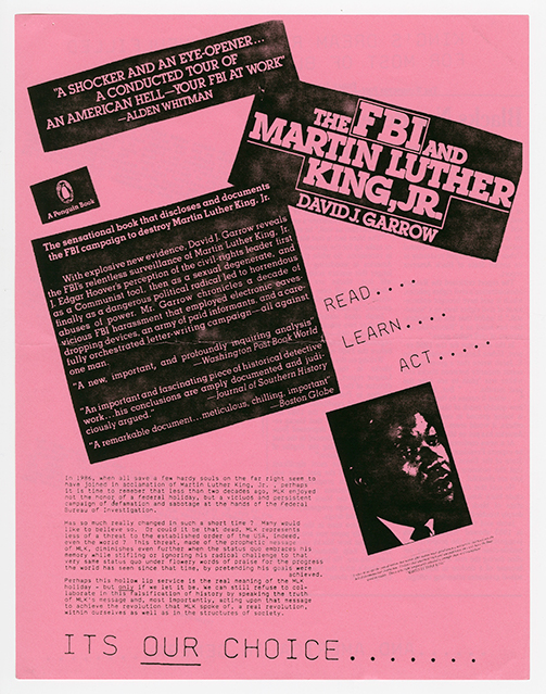 Martin Luther King, Jr. Day flyer on pink paper with cut-outs of details and a portrait of MLK.