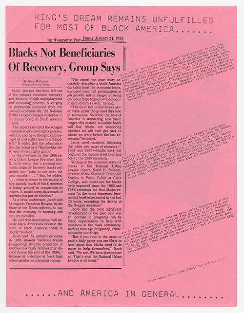 Martin Luther King, Jr. Day flyer on pink paper with a newspaper clipping titled, 'Blacks Not Beneficiaries of Recovery, Group Says.'