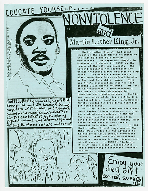 Positive Force Martin Luther King, Jr. Day flyer on a blue page with a drawn portrait of MLK and the handwritten title, 'Educate Yourself...Nonviolence and Martin Luther King, Jr.'