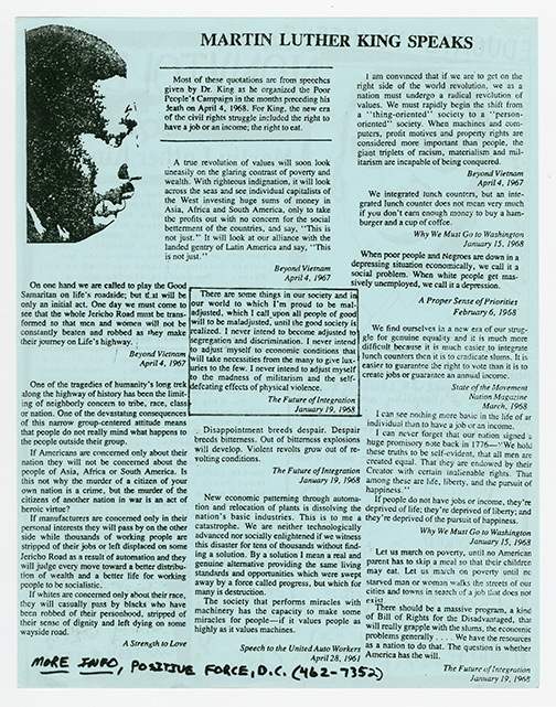 Reverse of Positive Force Martin Luther King, Jr. Day flyer on blue paper with a photo of MLK's profile and quotes from MLK.