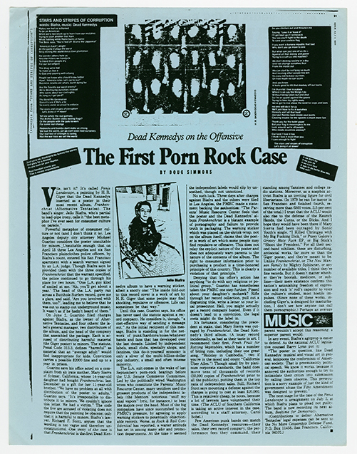 First Porn Rock Case flyer on blue paper with an article clipping.