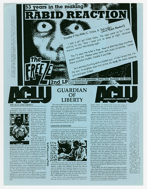 First Porn Rock Case flyer on blue paper with an article clipping and the heading '53 years in the making, Rabid Reaction' on a photo of a person with eerie wide eyes.