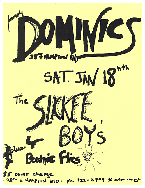 Slickee Boys flyer on a yellow page with thick, handwritten marker titles and details.