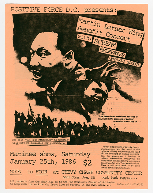 Scream and Beefeater flyer on orange paper with photos of Martin Luther King Jr and a group of people holding an American flag.