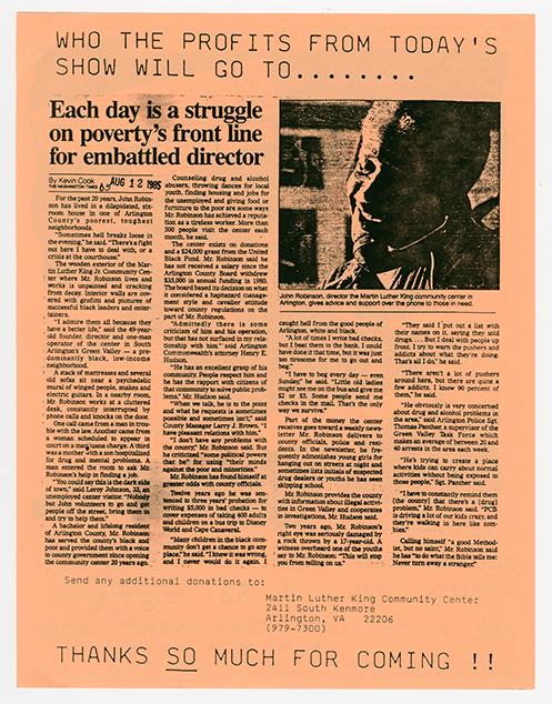 Reverse of Scream and Beefeater flyer on orange paper with a newspaper clipping titled, 'Each day is a struggle on poverty's front line for embattled director'.