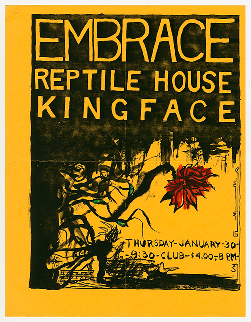 Embrace flyer on yellow paper with a hand-drawn image of a red flower surrounded by black spikes.