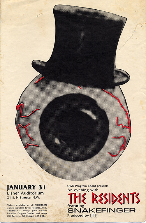 The Residents flyer showing a large eyeball with red veins wearing a top hat.