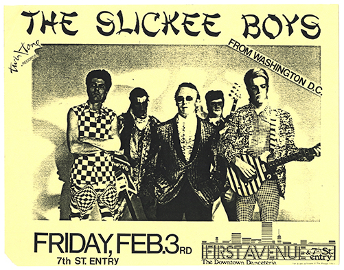 Slickee Boys flyer on yellow paper with a photo of the bandmembers.