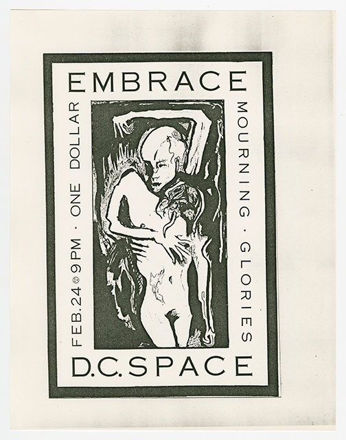 Embrace flyer with a black-and-white abstract drawing of a naked figure and a monster behind it.