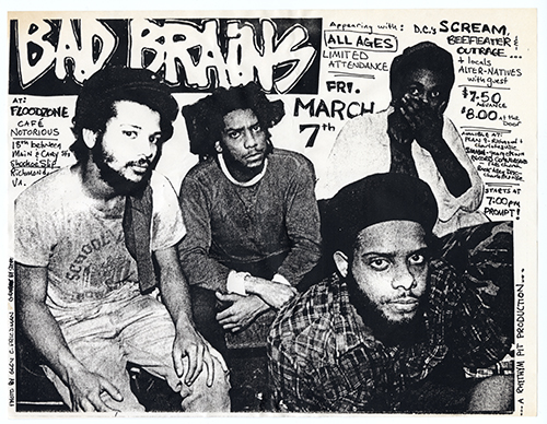 Bad Brains flyer with a photo of the bandmembers in front of handwritten details.