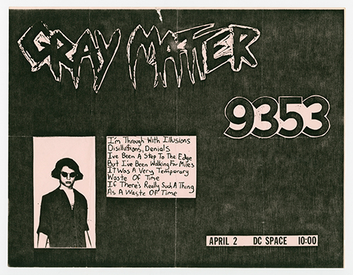 Gray Matter flyer on a dark background with a photo of a woman in sunglasses and a handwritten poem next to it.