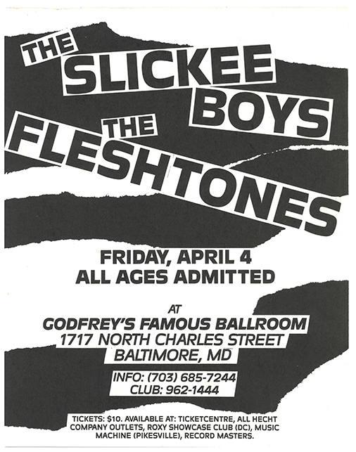 Slickee Boys flyer with a black and white striped background like ripped paper strips.