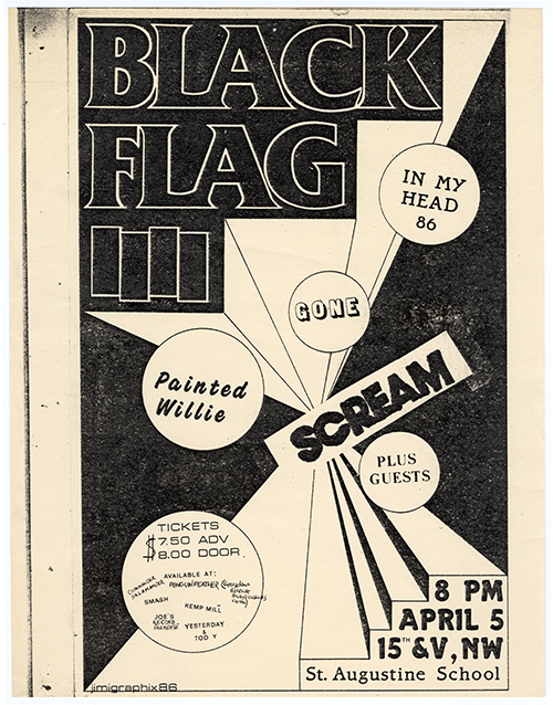 Black Flag flyer with details in circles against a geometric ray pattern.