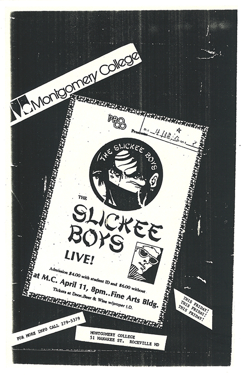 Slickee Boys flyer on a dark background with collage-styled details and a drawing of a man with a scarf covering his mouth.