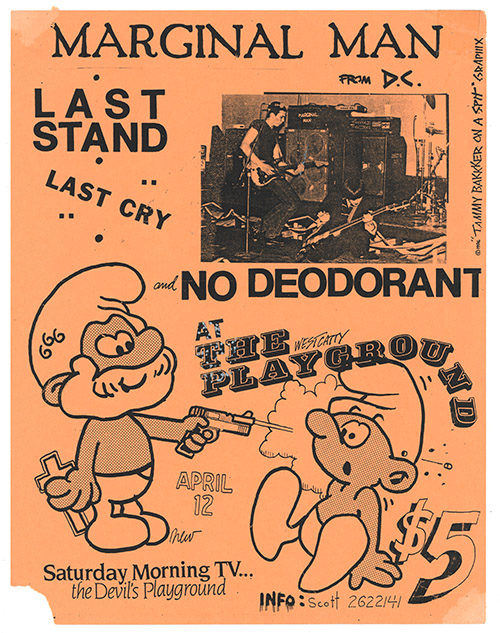 Marginal Man flyer on orange paper with a photo of bandmembers and a cartoon of a bearded Smurf holding a gun to another Smurf.