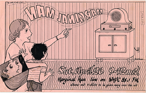 Marginal Man flyer on a pink paper with an illustration of a mother listening to the radio with her child.