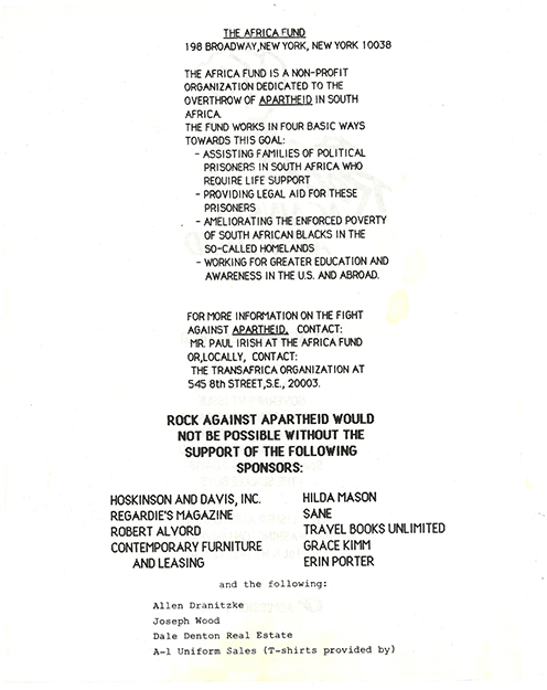 Rock Against Apartheid flyer with details and information about the Africa Fund printed on white paper.