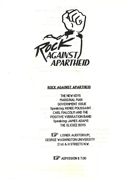 Rock Against Apartheid flyer with black printed text on white paper and a drawing of a fist in chains.