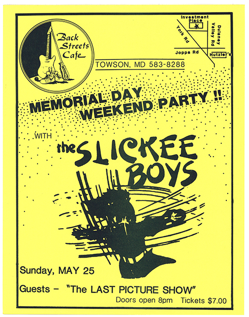 Slickee Boys flyer on yellow paper, with title 'Memorial Day Weekend Party !!' and a drawing of a figure surrounded by lines.