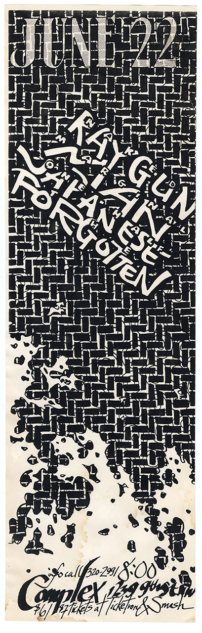 Naked Raygun flyer with details written in script at the bottom of a tall flyer covered in a geometric rectangular pattern.