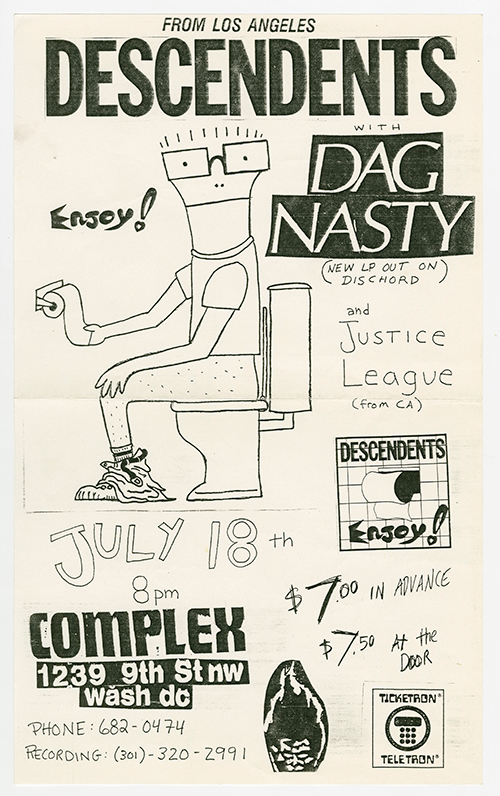 Descendents flyer with a drawing of a cartoon character in glasses sitting on a toilet, surrounded by handwritten details.