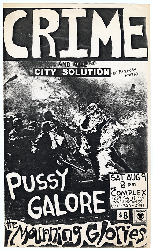 Crime and the City Solution flyer with a photo of soldiers and fire and hand-drawn titles.