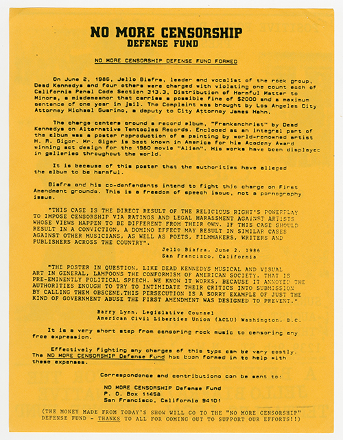 The Freeze flyer on yellow paper with typed details on the No More Censorship Defense Fund.