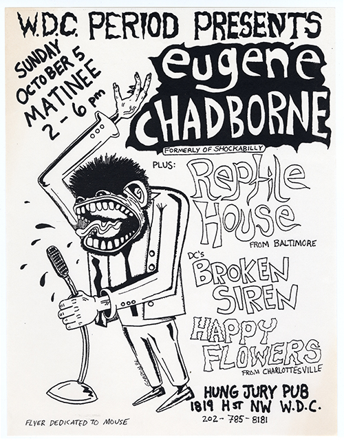 Eugene Chadbourne flyer with hand-drawn titles and details and a drawing of a man with a big mouth speaking into a mic.