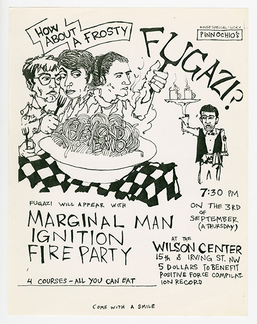 Fugazi flier with hand-drawn titles and details and a drawing of three figures in front of a bowl of pasta.