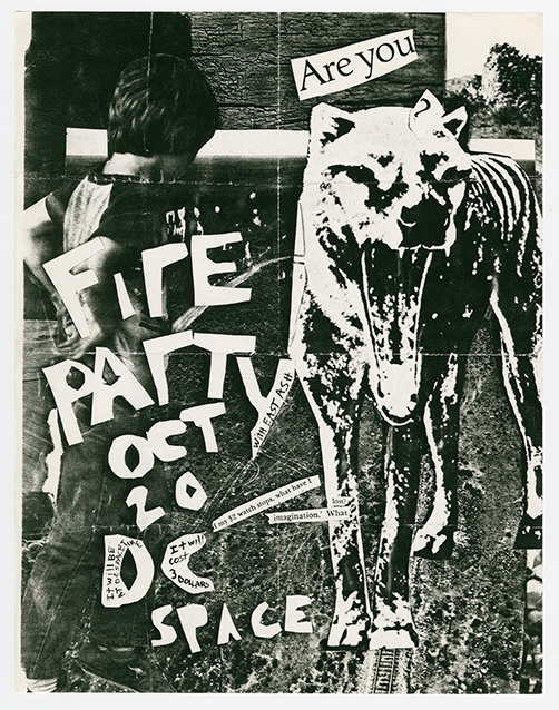 Fire Party flier with a collage-styled background of a dog with an open mouse, a boy, and titles in messy paper cut-out shapes.