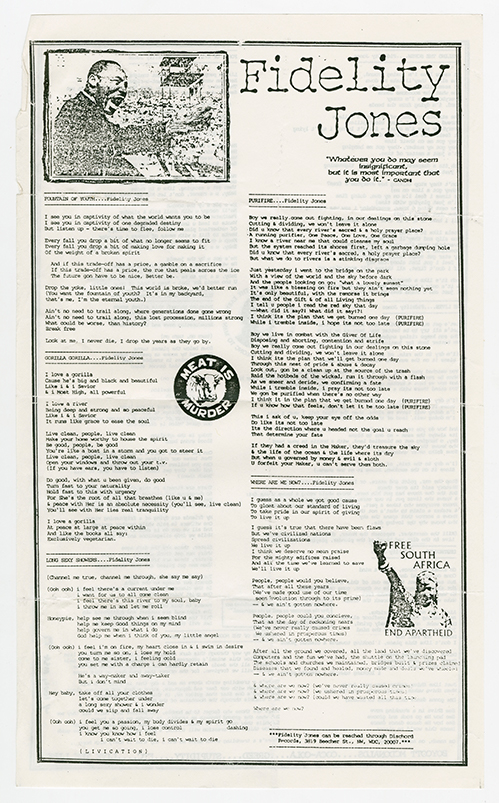 Fidelity Jones lyric sheet, front