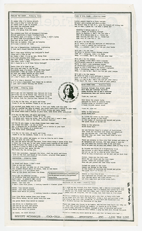 Fidelity Jones lyric sheet, reverse