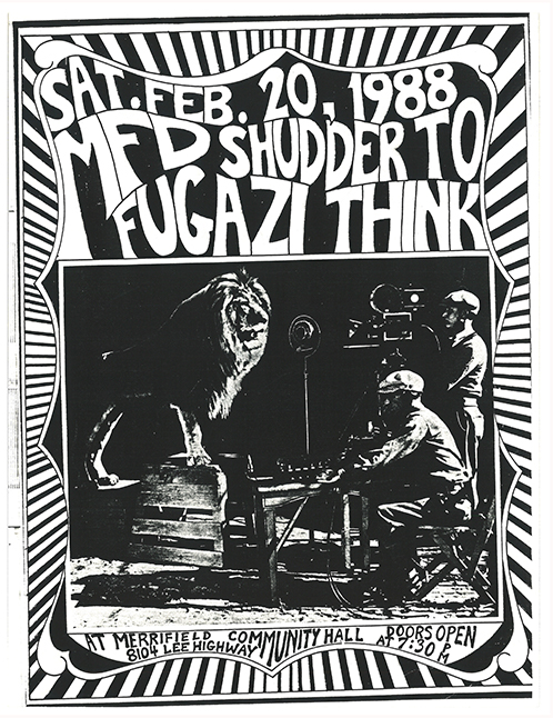 Fugazi flyer with a photo of a lion in front of a camera set and striped background.