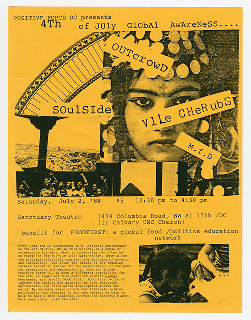 Outcrowd flier on yellow paper with a photo of a woman's face.