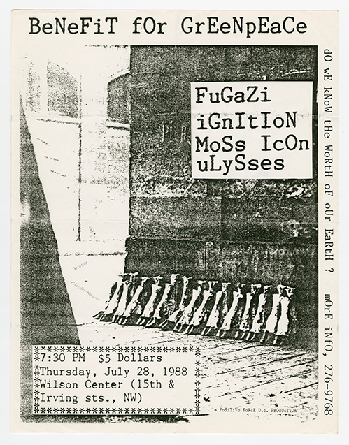 Fugazi flier with a photograph of a street and text written in a mix of upper and lowercase letters. Title reads 'Beneft for Greenpeace'.