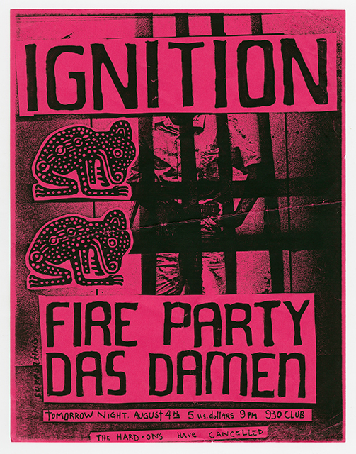 Ignition flier on pink paper wth a photo of a man behind bars and two images of a mythical creature bowing down.