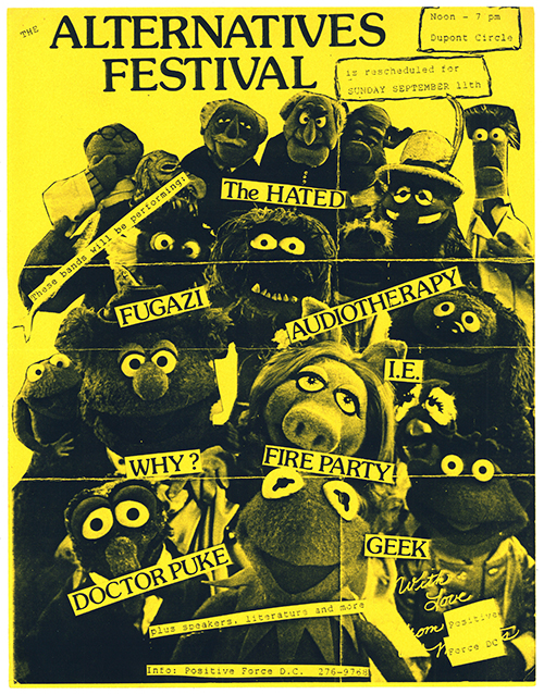 Alternatives flier on yellow paper wth a cast photo of the Muppets, labelled with band names.