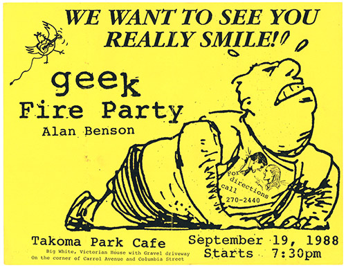 Geek flier on yellow paper with a cartoon of a man straining to do a push up, titled 'We Want to See You Really Smile!'