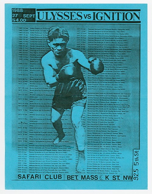 Ulysses flier on blue paper with a photo of a boxer and a background of a schedule.