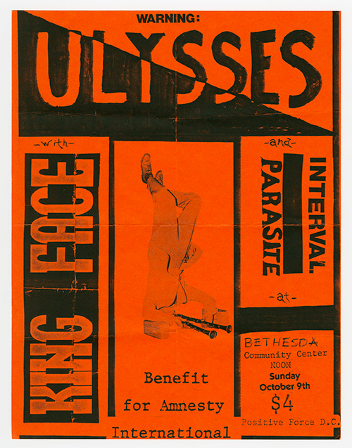 Ulysses flier on red paper with an upside-down photo of a person playing two horns, details reading 'to benefit Amnesty International'.