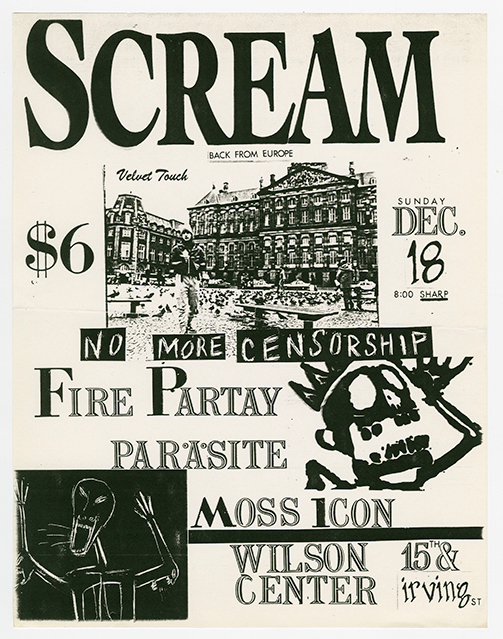 Scream flier with a photo of a plaza in Europe and drawings of a screaming stick figures, details reading 'No More Censhorship'.