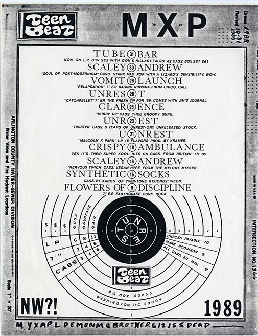 Teenbeat Records promotional flyer with contact information printed on an illustration of a vinyl record.